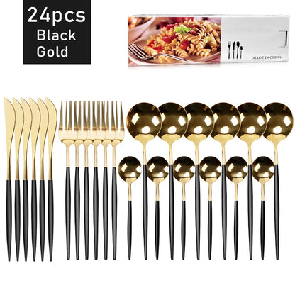 24Pcs Stainless Steel Dinnerware Set Black Gold