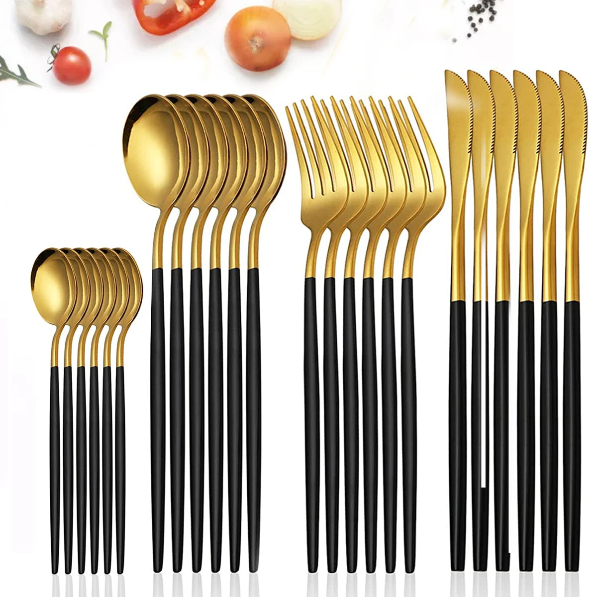 24Pcs Stainless Steel Dinnerware Set Black Gold