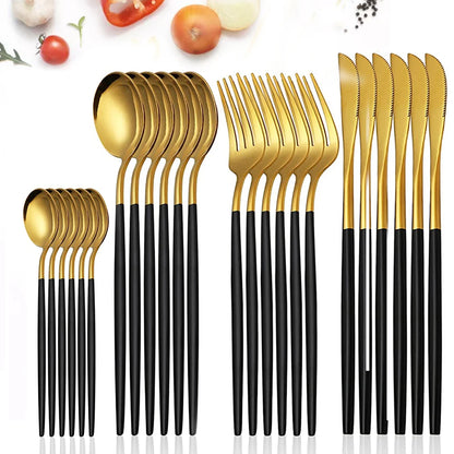 24Pcs Stainless Steel Dinnerware Set Black Gold