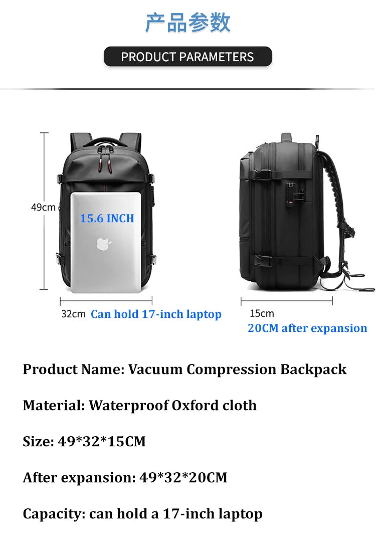 Business Backpack For Travel - 17 inch Laptop with vacuum compression