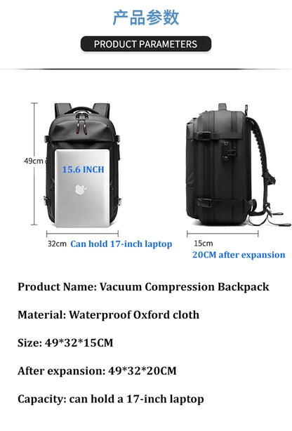 Business Backpack For Travel - 17 inch Laptop with vacuum compression