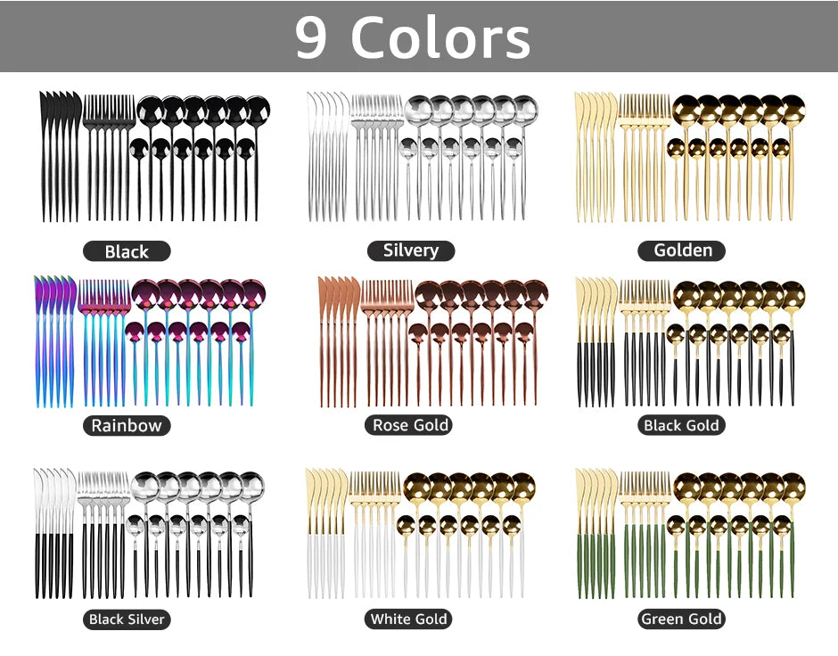 24Pcs Stainless Steel Dinnerware Set Black Gold