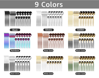 24Pcs Stainless Steel Dinnerware Set Black Gold