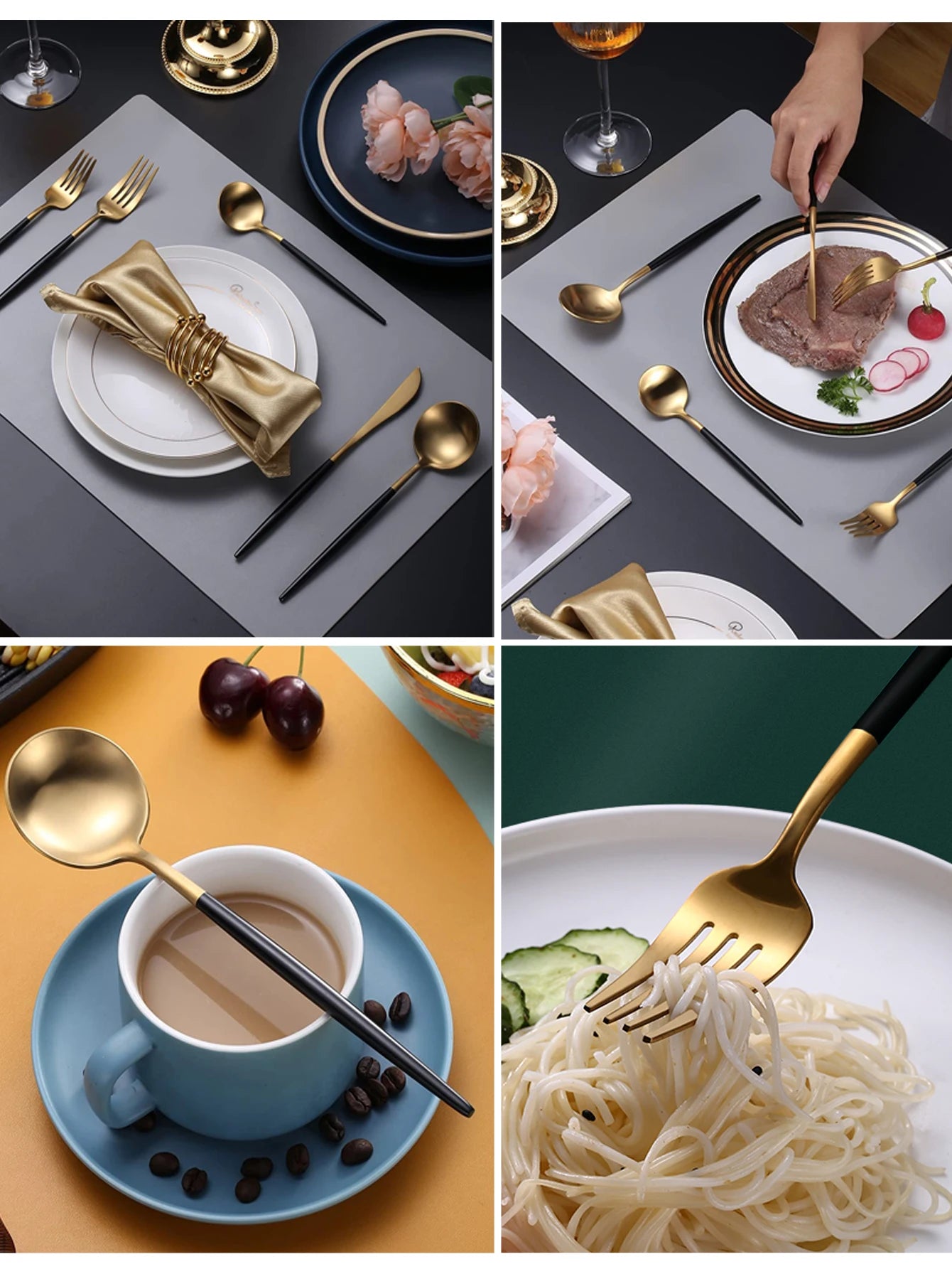 24Pcs Stainless Steel Dinnerware Set Black Gold